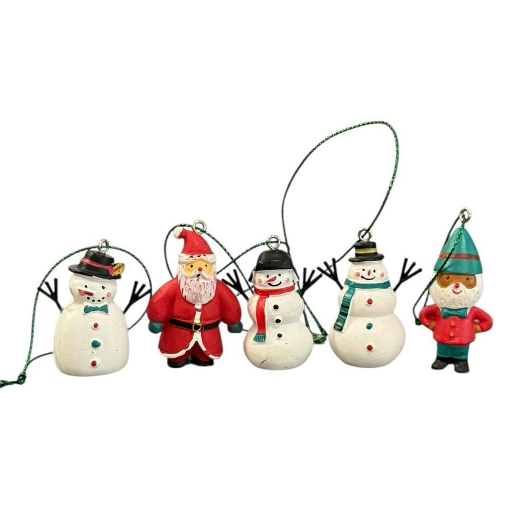Set of 5 Small Cute Christmas Tree Ornaments Festive Holiday Santa & Snowmen.